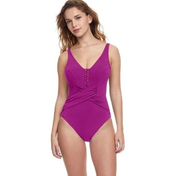 Profile by Gottex The Twist V-Neck Shirred One Piece Swimsuit size 12 - Picture 1 of 10